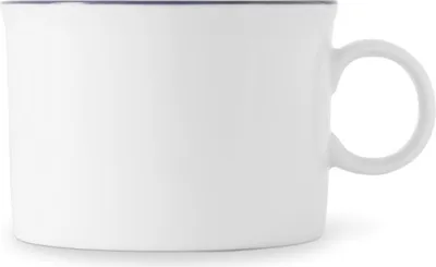 A white mug with a blue rim and handle, shown from the side.