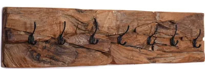 A rustic wooden coat rack with black metal hooks mounted on a white background.