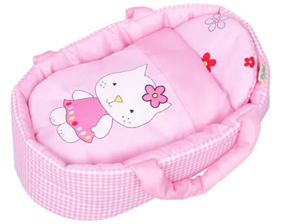 Image de Porte-poupée jusqu'à 35 cm Un porte-bébé BOBO pour poupée avec literie - motif rose à carreaux avec un chat.