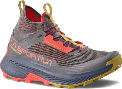 Wanderschuh "Prodigio Hike GTX" von La Sportiva in Grau mit roten und gelben Akzenten.