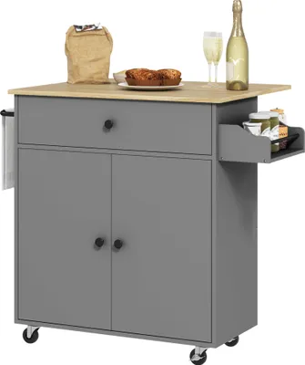 Produktbild von Kš¹chenwagen auf Rollen, Kš¹cheninsel mit Schublade, verstellbarem Einlegeboden, Gewš¹rzregal und Handtuchhalter, grau