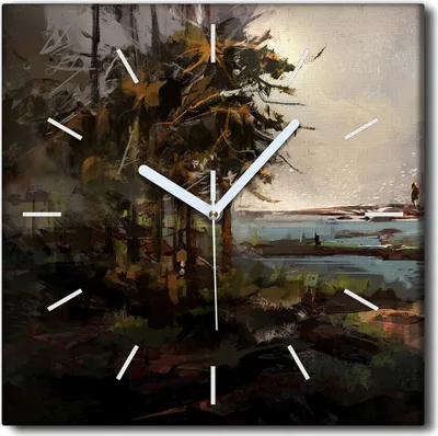Produktbild von Coloray Uhr auf Leinwand 30x30 cm Wand Uhr Dekoration Wohnzimmer Segeltuch weiße Zeiger -Waldlandschaftsboot.