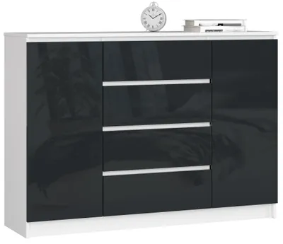 Produktbild von Kommode AKORD K140 Weiß 138 cm 2 Türen 4 Schubladen 4 Ebenen Front Graphit Hochglanz B138 x H99 x T40 cm