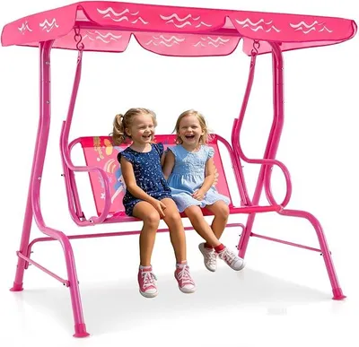 Imagen del producto de Columpio de estilo hollywoodense, columpio para jardín infantil con cinturones de seguridad y toldo ajustable, banco columpio para niños, color rosa