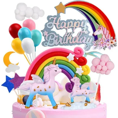 Immagine prodotto di Set di decorazioni per torta a tema unicorno, con arcobaleno e palloncini, ideale per feste di compleanno per bambini
