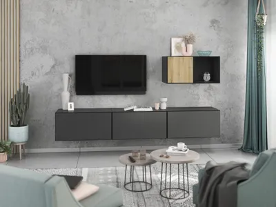 Produktbild von Wohnwand VARIANTO 5 Schrank Set 5 tlg., 228 cm, anthrazit matt / anthrazit matt / Evoke Eiche M1, Wandhängend, 3 Schränke mit Klappen, 1 Schrank mit Tür und 1 Regal