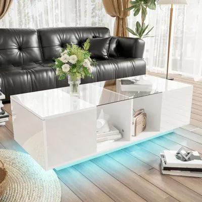 Produktbild von Moderner Couchtisch mit LED-Beleuchtung, hochglänzender Tischplatte, Glasplatte & seitlichem Stauraum, Weiß, 120x50x38,5cm