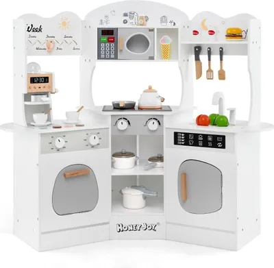 Produktbild von Holz Eck Spielküche mit Sound & Licht & Kaffeemaschine & Rutsche Kleinkind Küchen Spielset Weiß