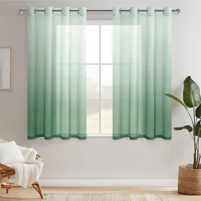 Image de Ensemble de 2 rideaux de voilage semi-transparents avec œillets, dégradé vert et blanc, dimensions 145 x 140 cm