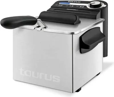 A stainless steel deep fryer with black accents and controls.