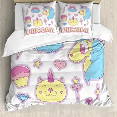 Produktbild von ABAKUHAUS Einhorn-Katze Bettbezugs Set Für Doppelbetten, Magische Traumikonen, Milbensicher Allergiker geeignet mit Kissenbezügen, Hellgelb Himmelblau Rosa