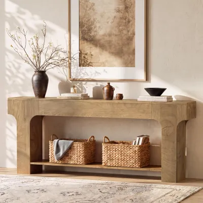 Produktbild von 200 cm Konsolentisch für den Eingangsbereich, 2-stöckiger Sofatisch, Beistelltisch im Landhausstil mit Ablage, Eingangstisch aus Holz