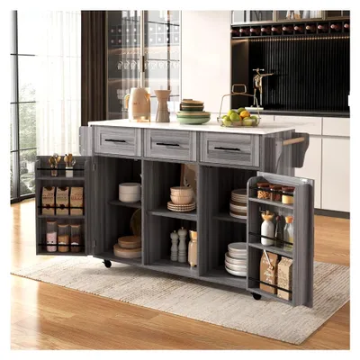 Produktbild von Freistehende Kücheninsel mit Klappbarer Arbeitsplatte, Küchenwagen auf 5 Rollen, mit Ablage und 3 Schubladen, Für Esszimmer 139x46(71)x91,5 cm (Grau)