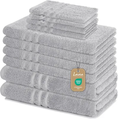 Produktbild von Lavea® Elena 10-teiliges Handtuch Set - 100% Baumwolle, 4x Handtuch + 2x Duschtuch + 2x Gästetuch + 2x Waschhandschuh, Bad & Gäste, Silber