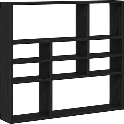 A black wooden shelf unit with multiple compartments against a white background.
