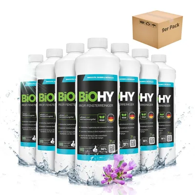 Produktbild von BiOHY Profi Fensterreiniger + Dosierer, Glasreiniger, Fensterputzmittel, 9 x 1 l