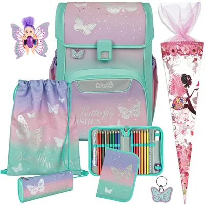 Produktbild von Scooli Schulranzen 1. Klasse Mädchen Butterfly Wishes EasyStart 7tlg.Set mit Fairy-Püppchen und Schultüte Elfe