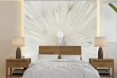 Produktbild von MuchoWow® Fototapete für Wohnzimmer oder Schlafzimmer Wandtapete Vinyl Motivtapete Pfau - Federn - Weiß - 300x300 cm - Wanddekoration