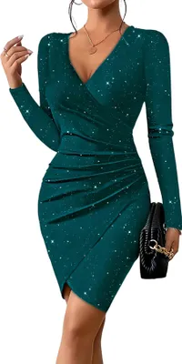 Immagine prodotto di Mini abito da donna sottile con manica lunga e scollo a V per cocktail party, verde, S