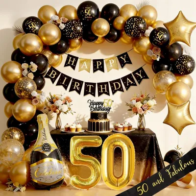 Image de Kit de décoration pour un 50e anniversaire, noir et or, comprenant une guirlande et des ballons