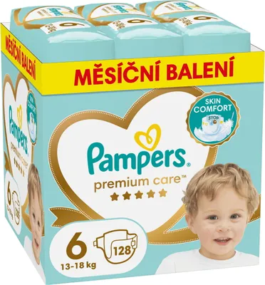 A package of Pampers Premium Care diapers, size 6, with a child's face on the front.