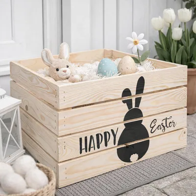 Produktbild von Holzkiste Natur  mit Ostermotiv  Happy Easter (Hase)  50 x 40 x 30 cm