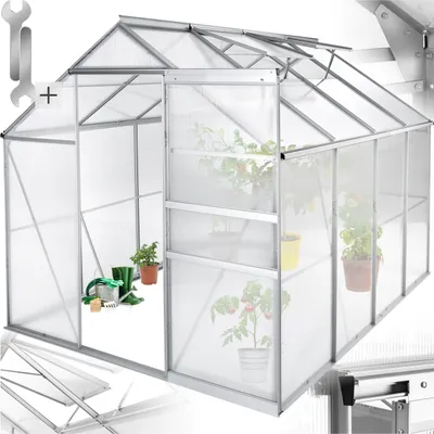 A greenhouse with plants inside, shown from the front with the door open.