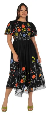 Produktbild von Maya Deluxe Damen Midikleid, Schwarz, kurze Puffärmel, Rundhalsausschnitt