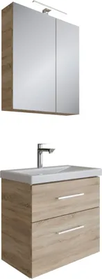 Produktbild von Planetmöbel Badmöbel-Set Waschtisch mit Unterschrank Sonoma Eiche 63 cm & Spiegelschrank 60 cm mit LED-Leuchte (Schwarz Matt) & Steckdose