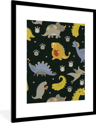 Produktbild von MuchoWow® Gerahmtes Poster Dino - Kinder - Schnittmuster - Jungen - Mädchen - Dinosaurier 60x80 cm - Poster mit Schwarzem Bilderrahmen Wandposter Rahmen Foto Bilder - Wohnzimmer - Dekorationen - Prämie