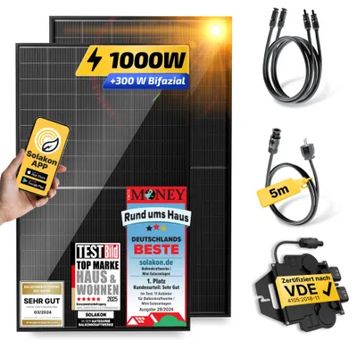 Produktbild von Balkonkraftwerk 1000W/800W Solaranlage Steckerfertig Komplettset Photovoltaik Anlage 800W, Kabellänge: 5m, Solakon - onBasic