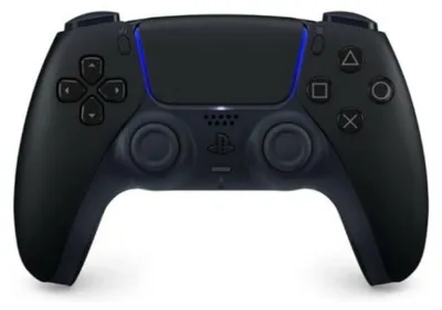 A black PlayStation 5 DualSense controller is shown from the front against a white background.