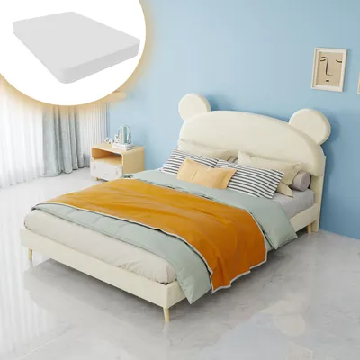 Produktbild von Polsterbett 140x200 cm mit 23 cm Taschenfederkernmatratze, Plüsch-Kopfteil mit Bärenohren, niedriges Kinderbett in Beige