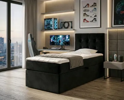 Produktbild von NORDELO Boxspringbett INCANTO 120x200 cm AMOR Velvet Schwarz Komplett-Set gepolstertes Einzelbett mit Stauraum, Matratze und 4 cm Visco-Topper, Bonellfederkernmatratze, T30-Schaum
