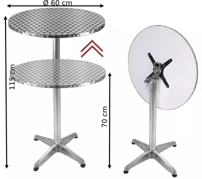 A two-tiered round table with a brushed metal finish shown from the front and side.