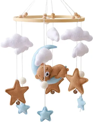 Productafbeelding van Baby bedmobiel, beer maan sterren en wolken, vilt en hout, blauw, voor babykamer
