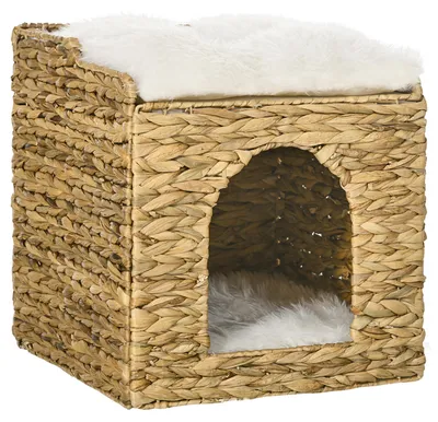 Produktbild von Katzenhaus Rattan-Look, Katzenhöhle Wasserhyazinthe, waschbare Kissen, Braun