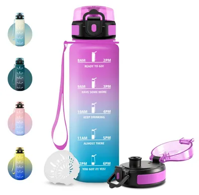 Imagen del producto de Botella de agua de 1 litro, sin BPA, ideal para deportes y actividades al aire libre como camping y senderismo, con indicador de tiempo