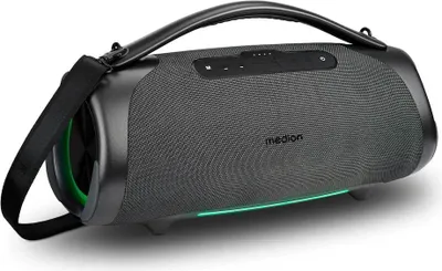 Immagine prodotto di MEDION P61768 altoparlante Bluetooth portatile (batteria ricaricabile, potenziamento dei bassi, carillon, effetti luminosi RGB, protezione dall'acqua e robustezza IPX7, power bank integrato, 100W (RMS) totali, 2X 25W + 50W) Antracite