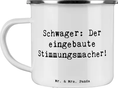 Produktbild von Mr. & Mrs. Panda Pott Spruch Schwager Stimmungsmacher - Weiß - Geschenk, Familie, Geschenke, Emaille Tasse, Campingtasse, Verwandtschaft, Stimmung, Becher, Haferl, Humor