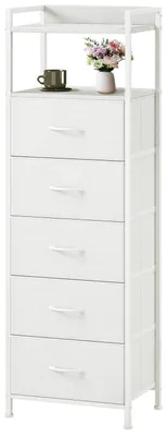 Zdjęcie produktu dla Komoda z 5 szufladami obitymi tkaniną, kolor biały, wymiary: 28 (głębokość) x 40,2 (szerokość) x 124 (wysokość) cm
