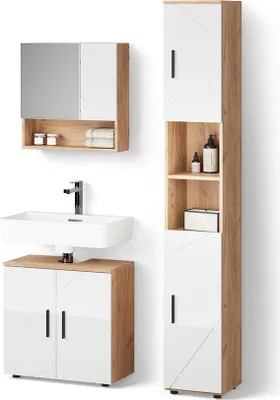 Produktbild von Badmöbel-Set Livinity Ronco Weiß Hochglanz/Goldkraft Eiche 3 Teile, mit Hochschrank, Model 52830
