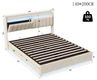 Immagine prodotto di Letto imbottito - Letto matrimoniale 140x200 cm - Illuminazione LED - Porta USB - Letto con spazio contenitore - Rivestimento in velluto - Beige