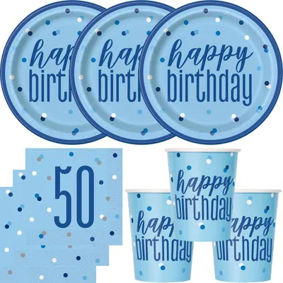 Produktbild von 50. Geburtstag Partyset Einweggeschirr hellblau blau 48 tlg. Partygeschirr Teller Becher Servietten