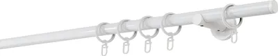 A white curtain rod with rings and a bracket, isolated on a white background.