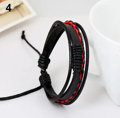 Produktbild von Uni Vintage Retro mehrschichtiges geflochtenes Kunstleder-Armband-Rot und Schwarz