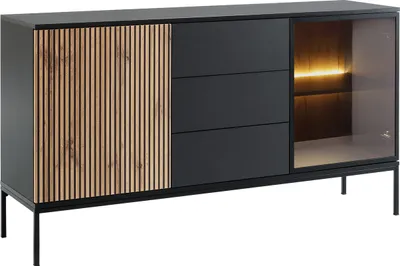 A black sideboard with wooden slatted doors and a glass-fronted cabinet with LED lighting, shown against a white background.