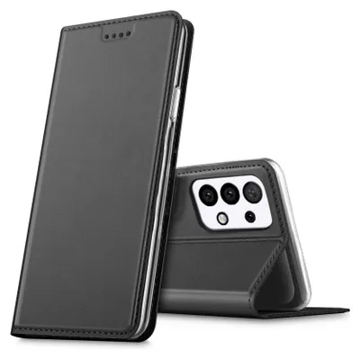 A black flip case for a Samsung Galaxy A72 phone is shown, with the phone partially inserted into the case.
