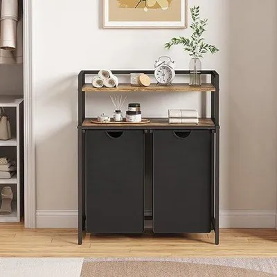 Produktbild von Famanu Wäschekorb 2 Fächer mit Ablage - 91 x 33,4 x 76 cm - Schwarz