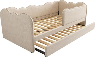 Produktbild von Merax Polsterbett Daybett 90x190 cm, Tagesbett Schlafsofa mit Ausziehbett, Kinderbett Einzelbett mit Lattenrost aus Samt, Beige